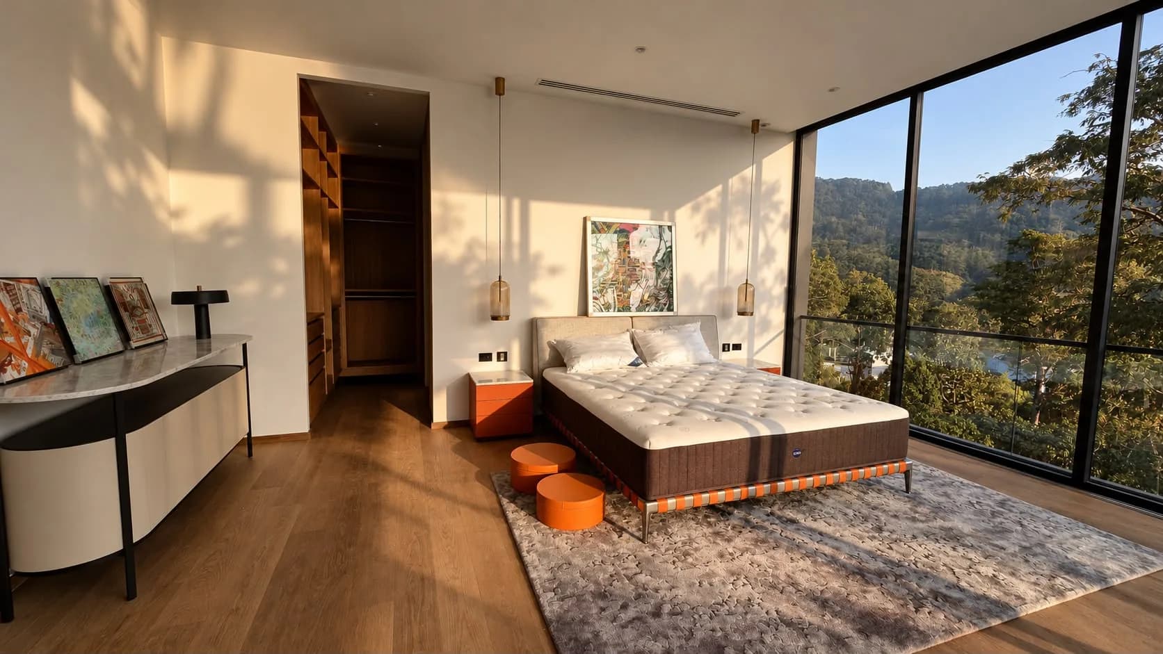 Perch House, bedroom with walk-in wardrobe and a full-height window onto the treetops