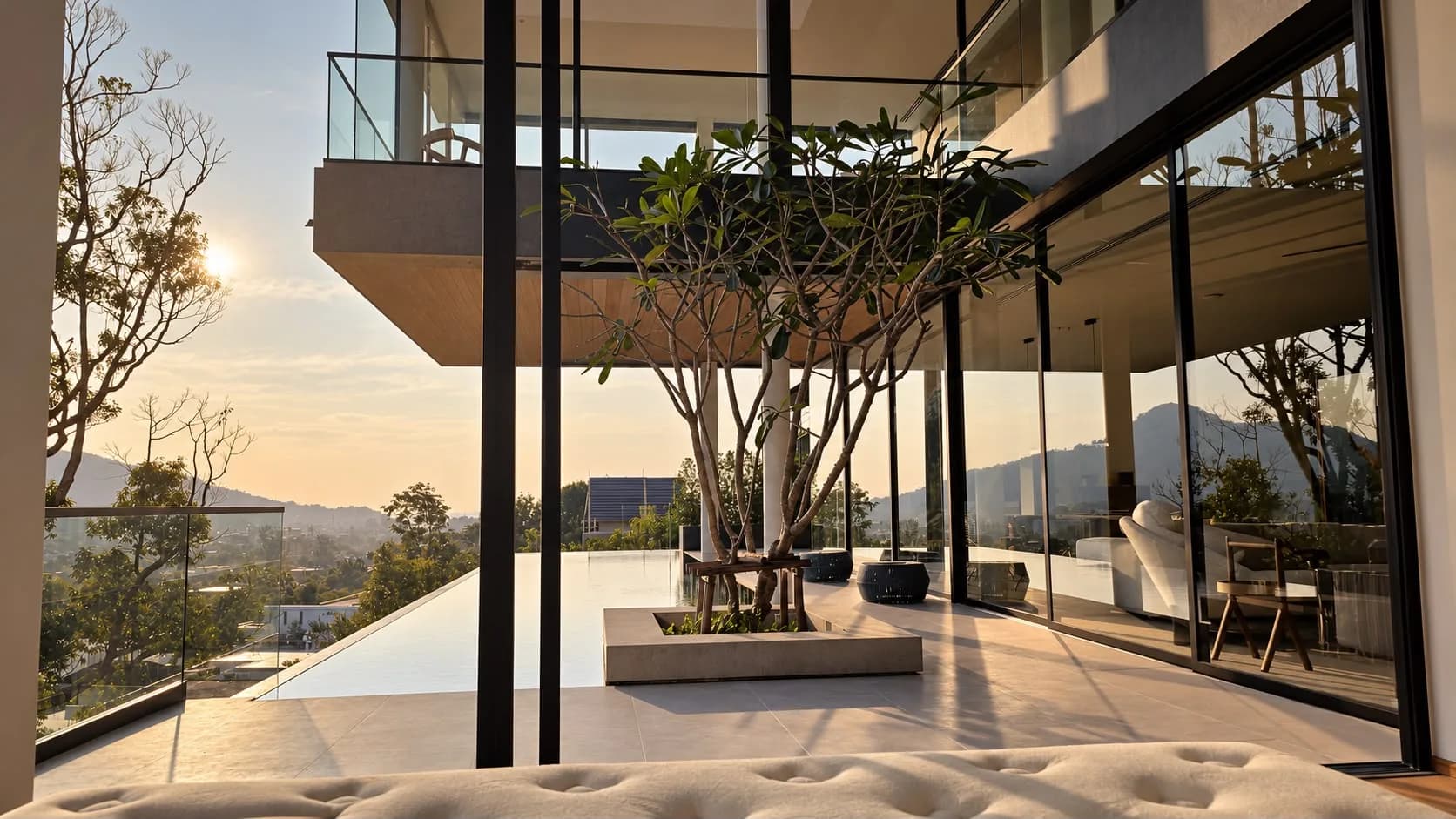 Perch House, view from the bedroom across the pool terrace to the cantilevered upper floor